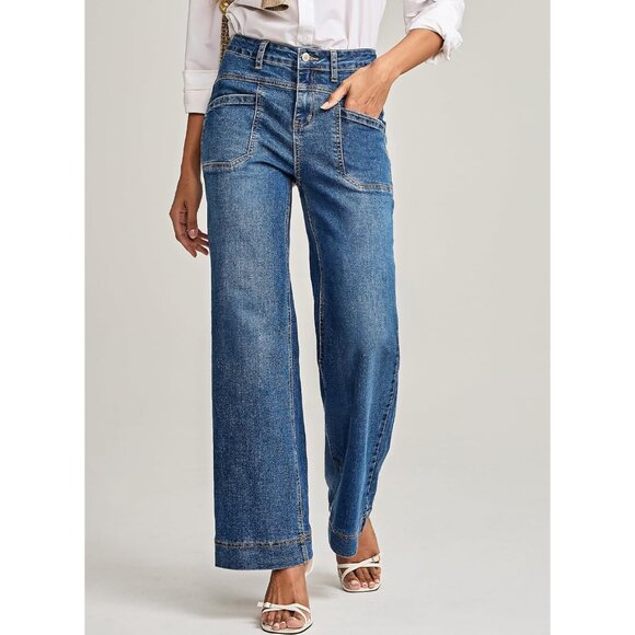 Women’s Wide Leg Jeans High Rise Stretchy Denim Casual Work Stylish - Picture 3 of 5
